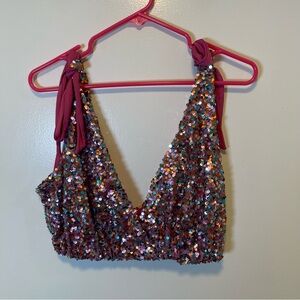 Free People Intimately big night pink sequin tie shoulder‎ top size medium NWT